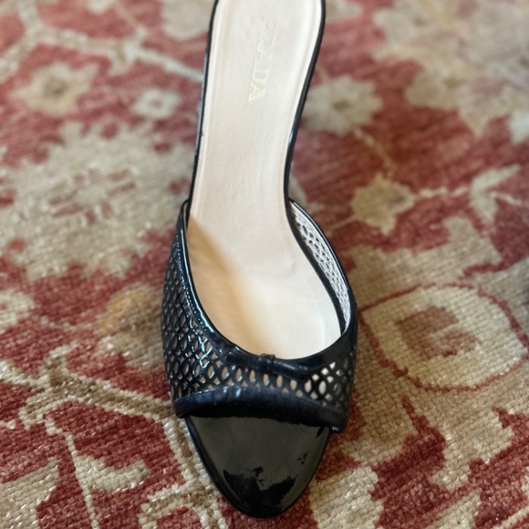 Black Prada Open Toe Kitten Heels with Patent Bows - Picture 3 of 6